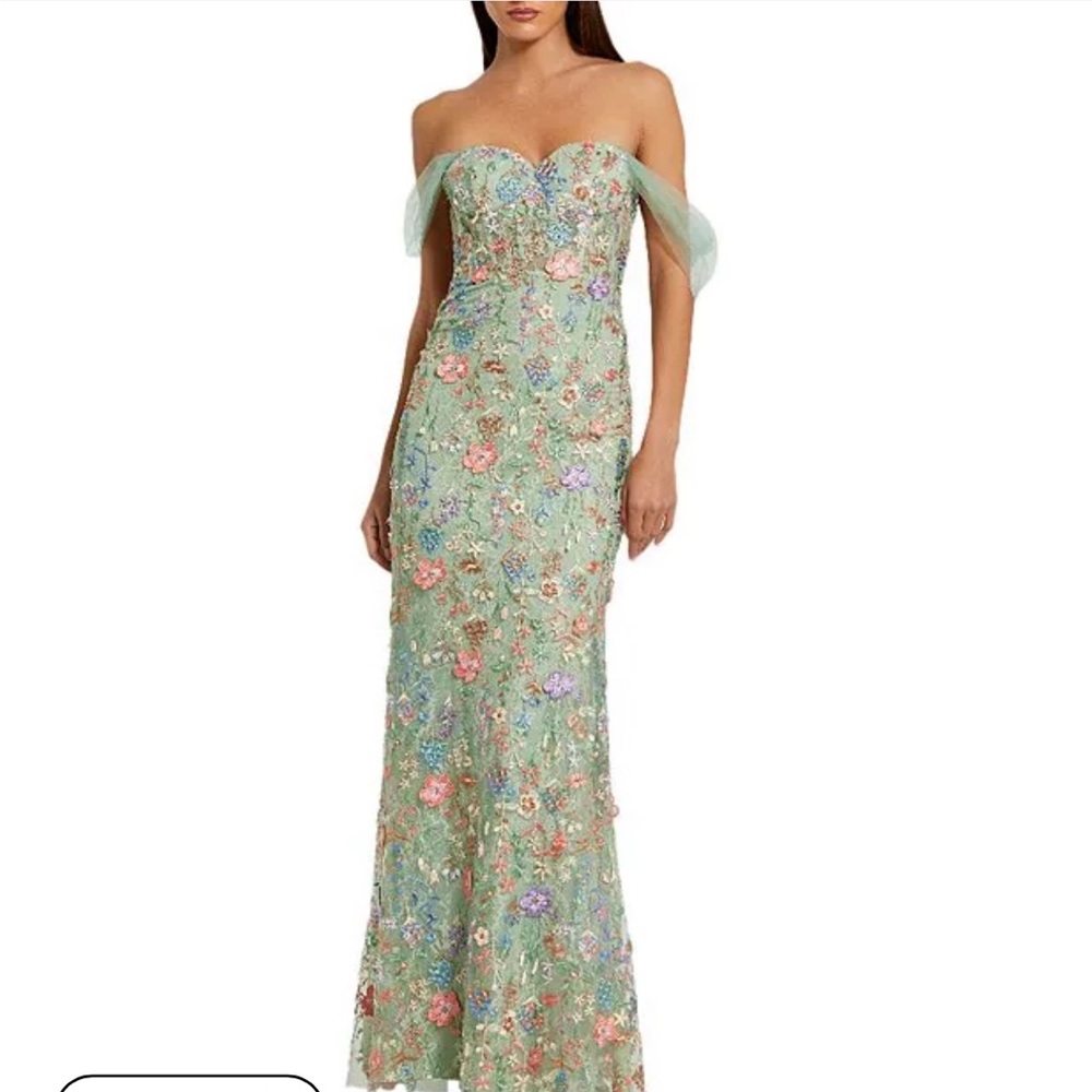 Mac Duggal Green Off-the-Shoulder Bustier Floral Column Gown